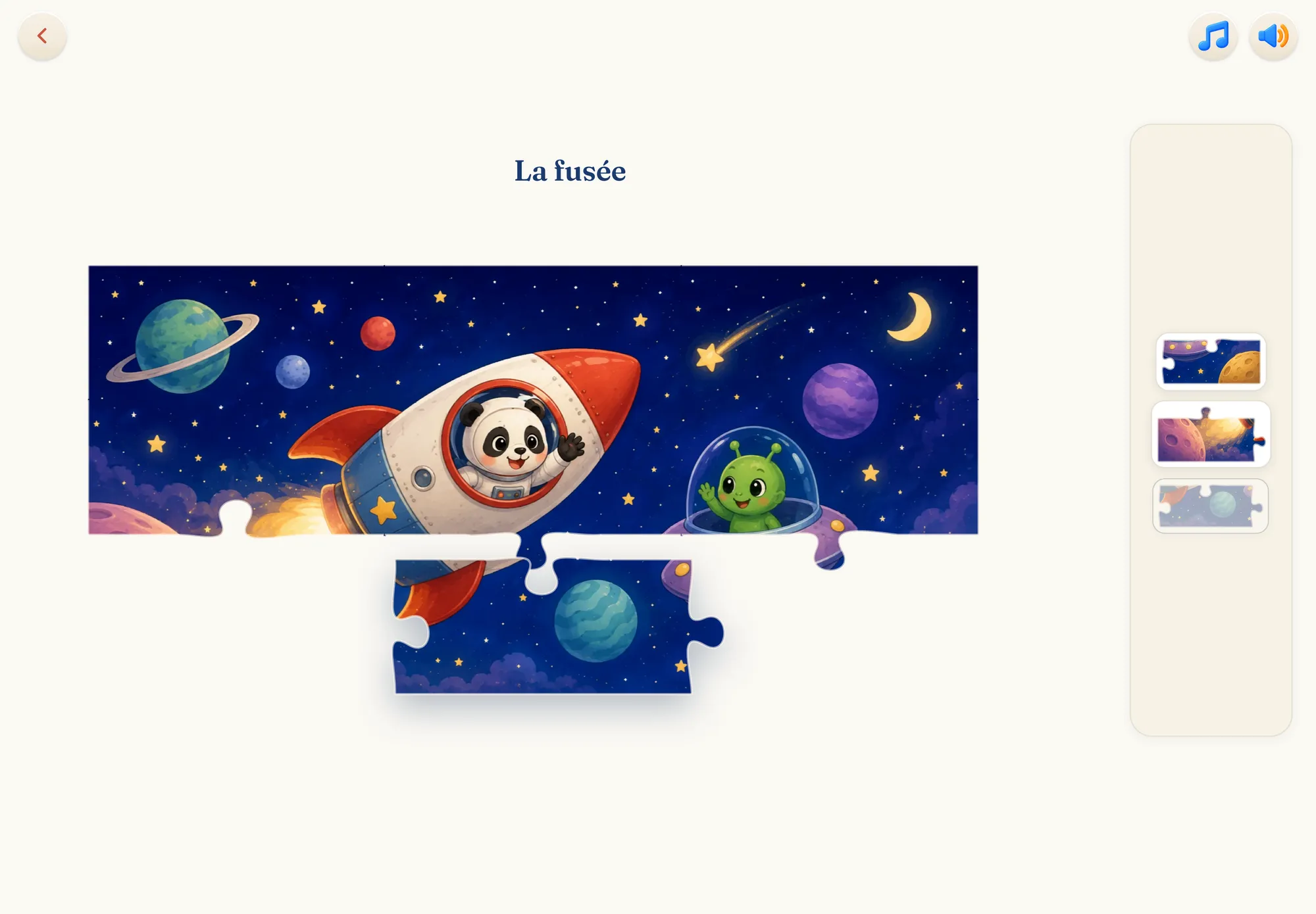 Jeu Puzzle de Tangolo avec des pièces de puzzle : une fusée pilotée par un panda dans l’espace