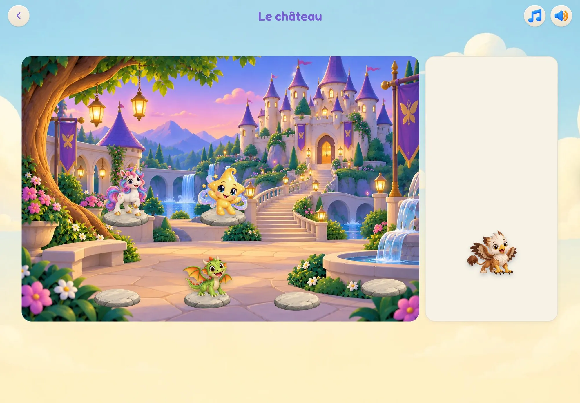 Jeu Memo de Tangolo : un décor de château avec une licorne, une étoile et un dragon, un griffon attend d’être replacé