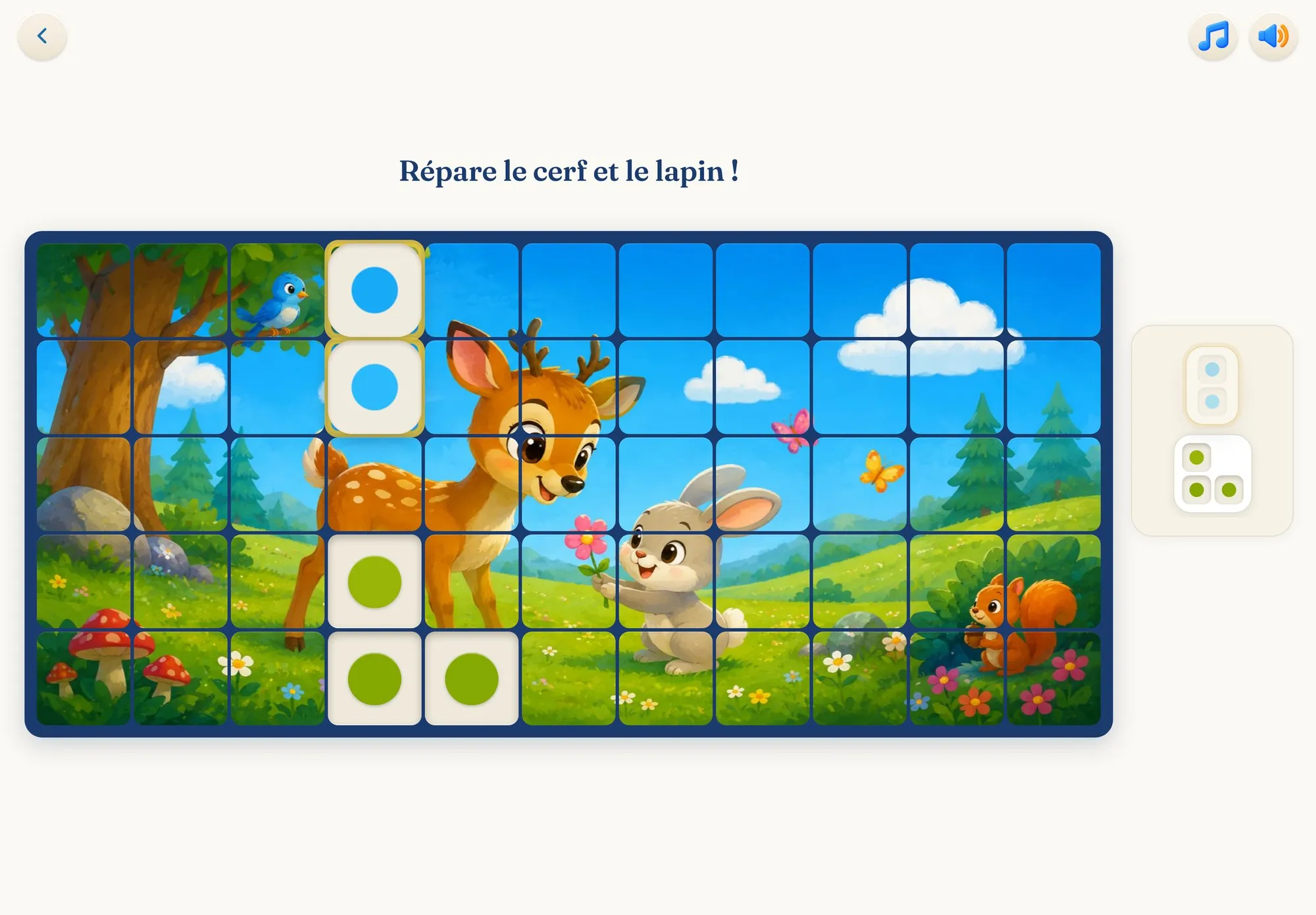 Jeu Puzzle de Tangolo : une illustration de forêt avec un cerf et un lapin, des pastilles de couleur indiquent les pièces à replacer