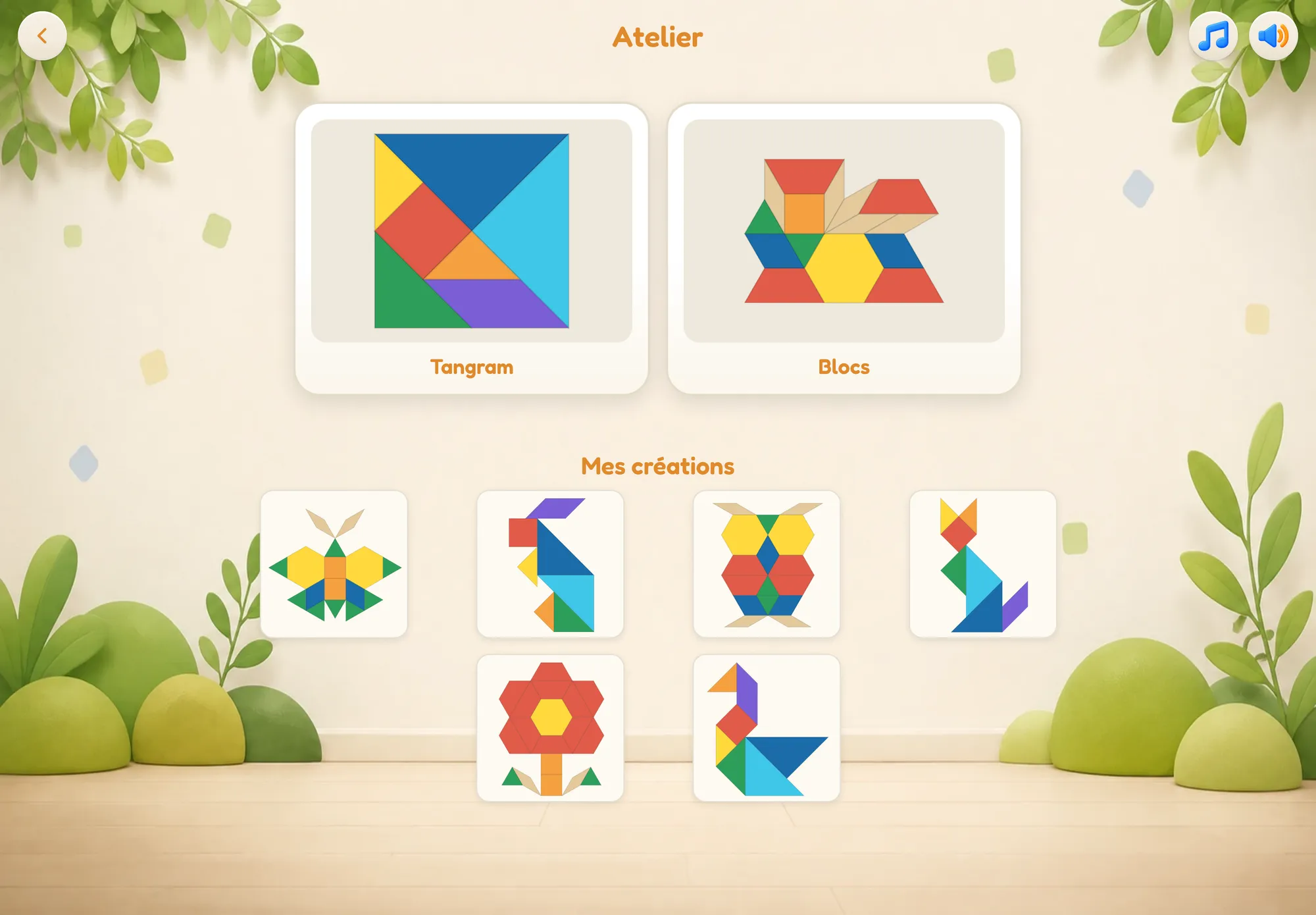 Atelier libre de Tangolo : choix entre Tangram et Blocs, et galerie « Mes créations » de l’enfant