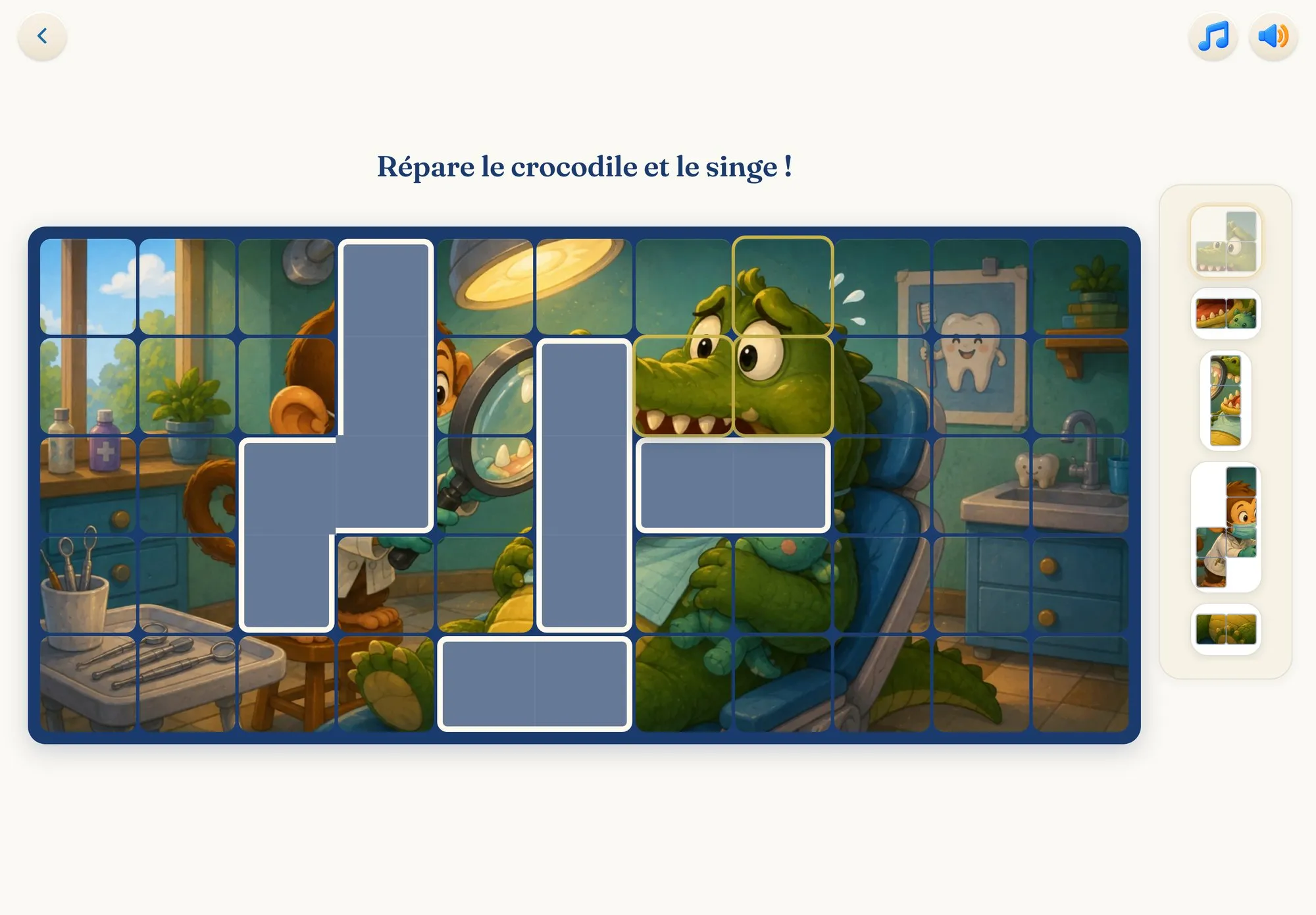 Jeu Puzzle de Tangolo avec de vrais morceaux : une scène chez le dentiste avec un crocodile et un singe, les morceaux de l’image sont à replacer