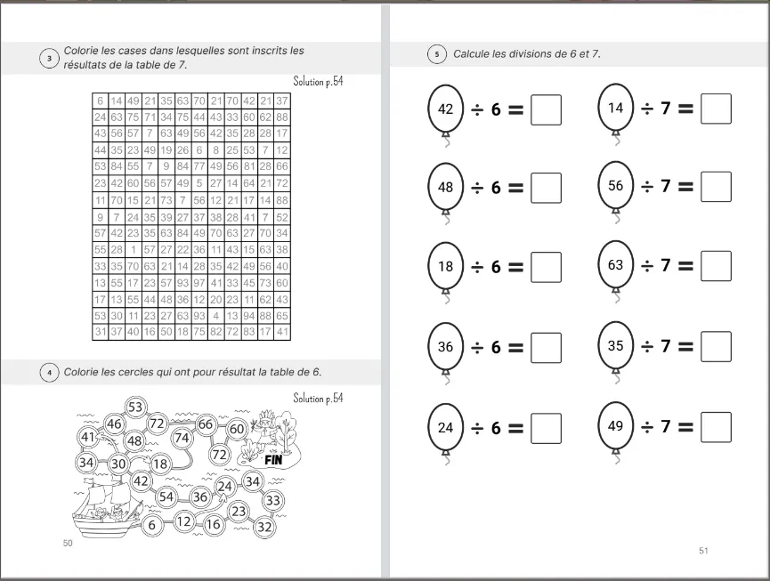 Cahier d'activités pour apprendre les tables de multiplication : Labyrinthes et divisions.