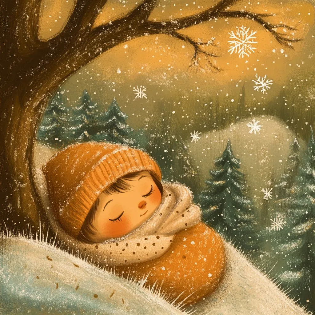 Illustration du livre Olentzero : un bébé emmitouflé dort au pied d’un vieux chêne, sous la neige
