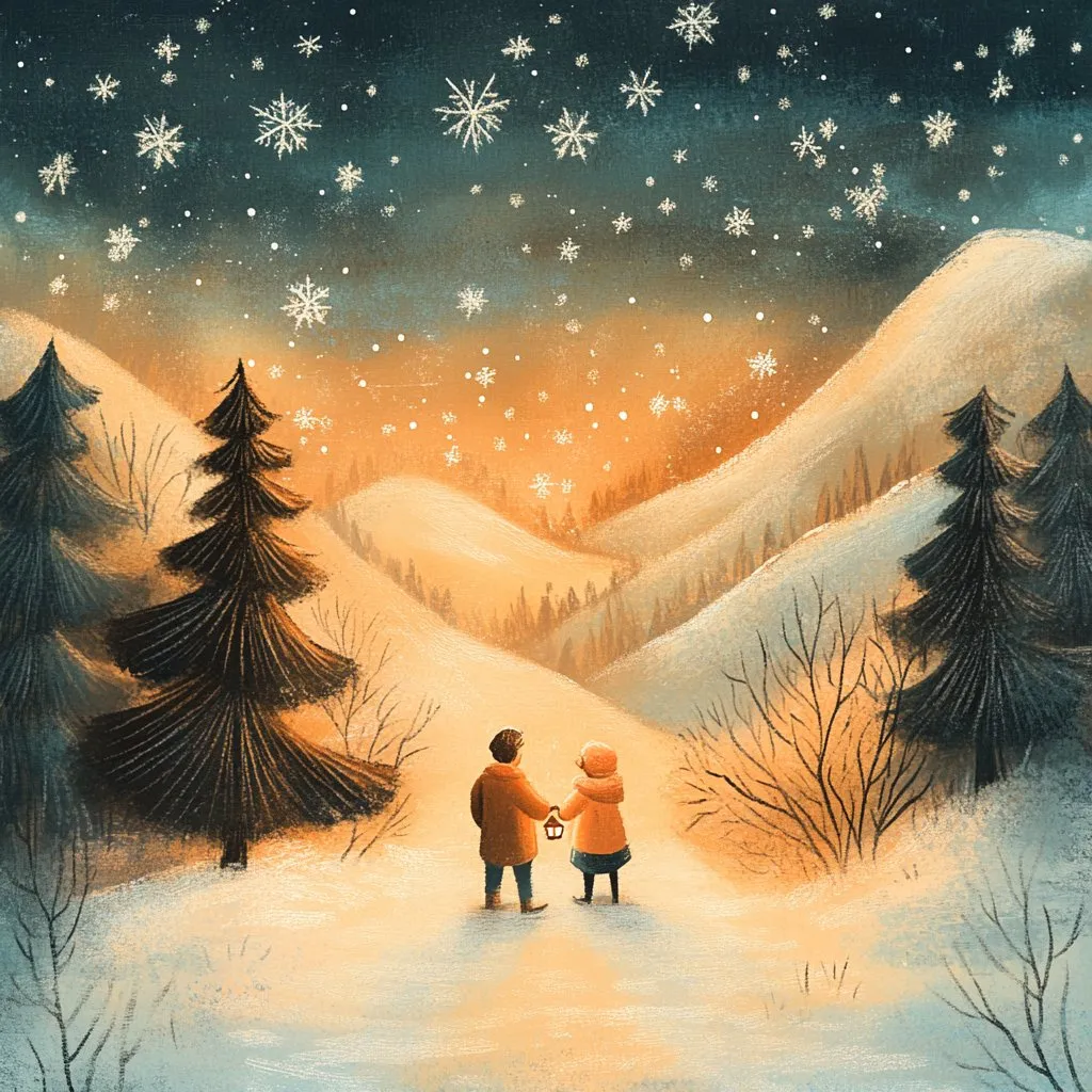 Illustration du livre Olentzero : un bûcheron et sa femme, lanterne à la main, marchent dans la neige une nuit d’hiver