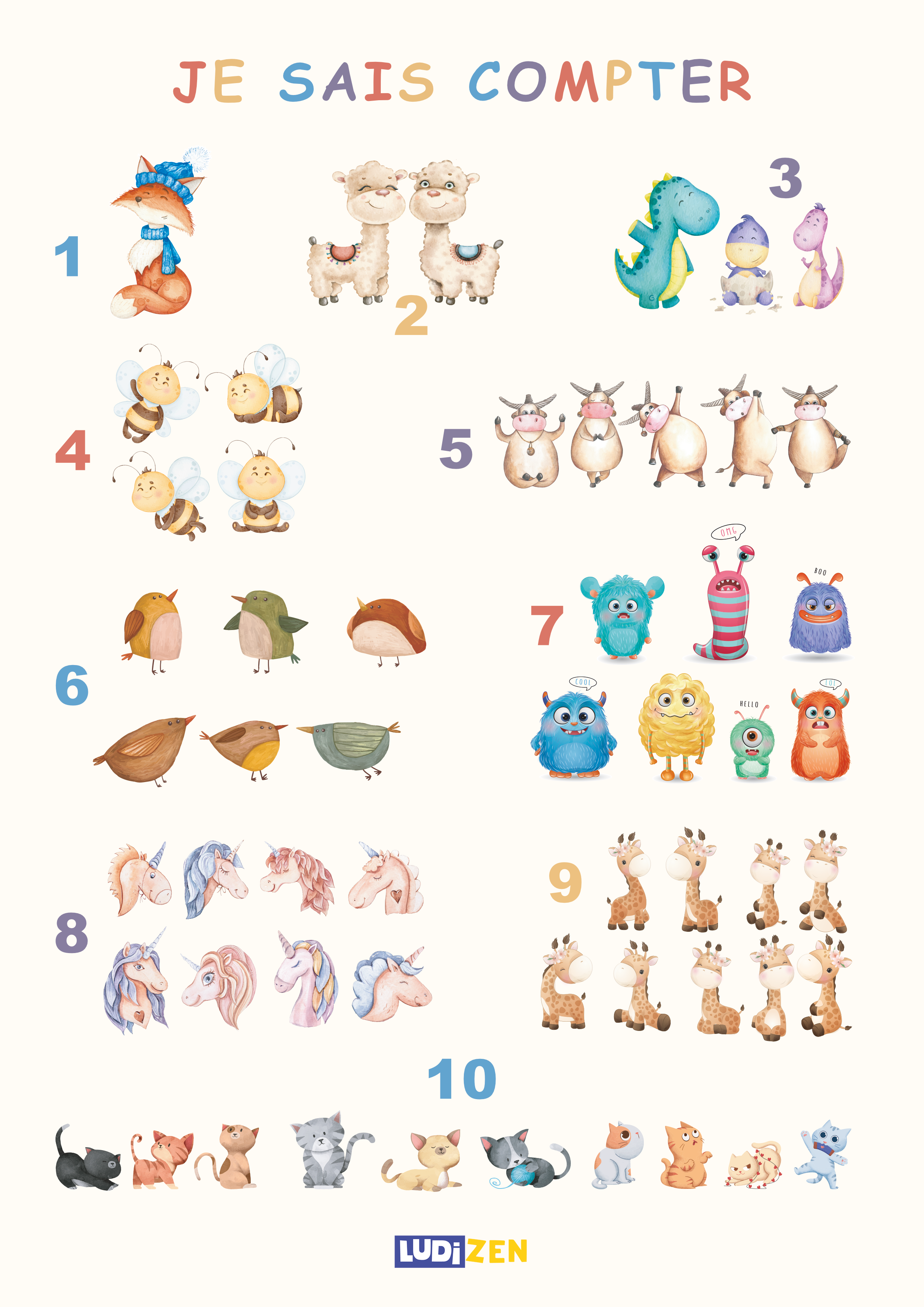 affiche-compter_A4 Affiche illustrée d'animaux rigolos pour apprendre à compter jusqu'à 10.