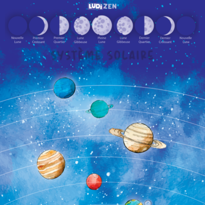 Affiche système solaire : affiche éducative pour apprendre le nom des planètes et du cycle de la lune.