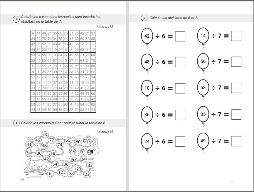 Cahier d'activités pour apprendre les tables de multiplication : Labyrinthes et divisions.